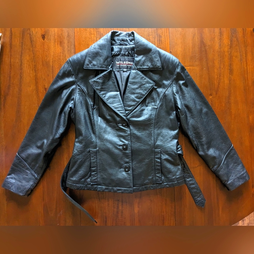 Wilsons Genuine Leather Jacket Womens Small Belted Black Casual Ladies